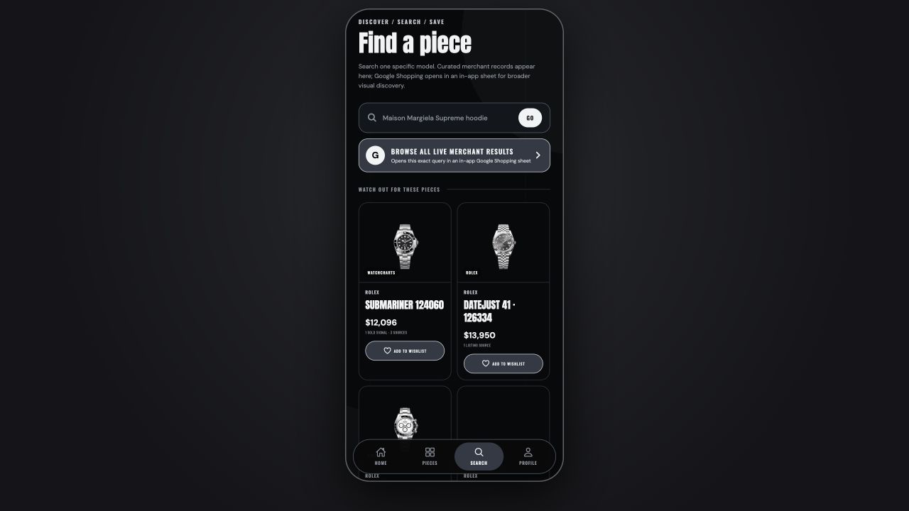 Current Pieces Search screen with Rolex product cards and wishlist actions
